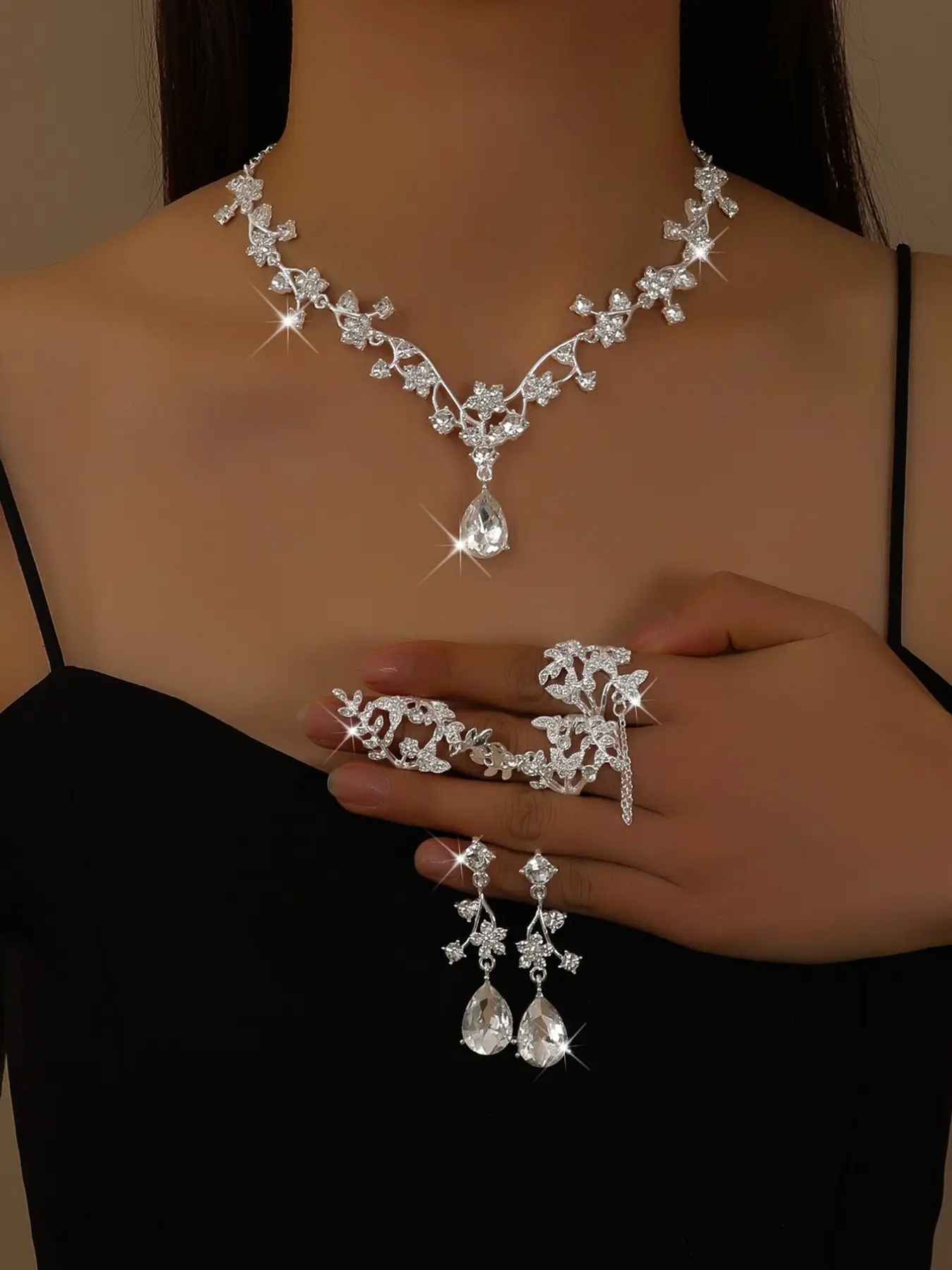 Elegant V-Shape Necklace Set with Teardrop Pendant, Leaf Flower Design Earrings + Ring, Bride Jewelry Set For Wedding Day, Wedding Party Jewelry Collection, Matching Jewelry Set