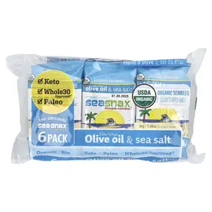 SeaSnax Organic Seaweed, Extra Virgin Olive Oil & Sea Salt, 6 Pack, 0.18 oz (5 g) Each