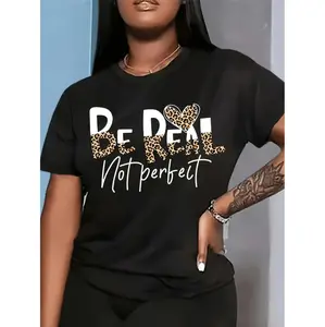 Stylish Leopard Print Women's T-Shirt With Heart Design Comfortable Polyester Fabric And Round Neck For Everyday Wear