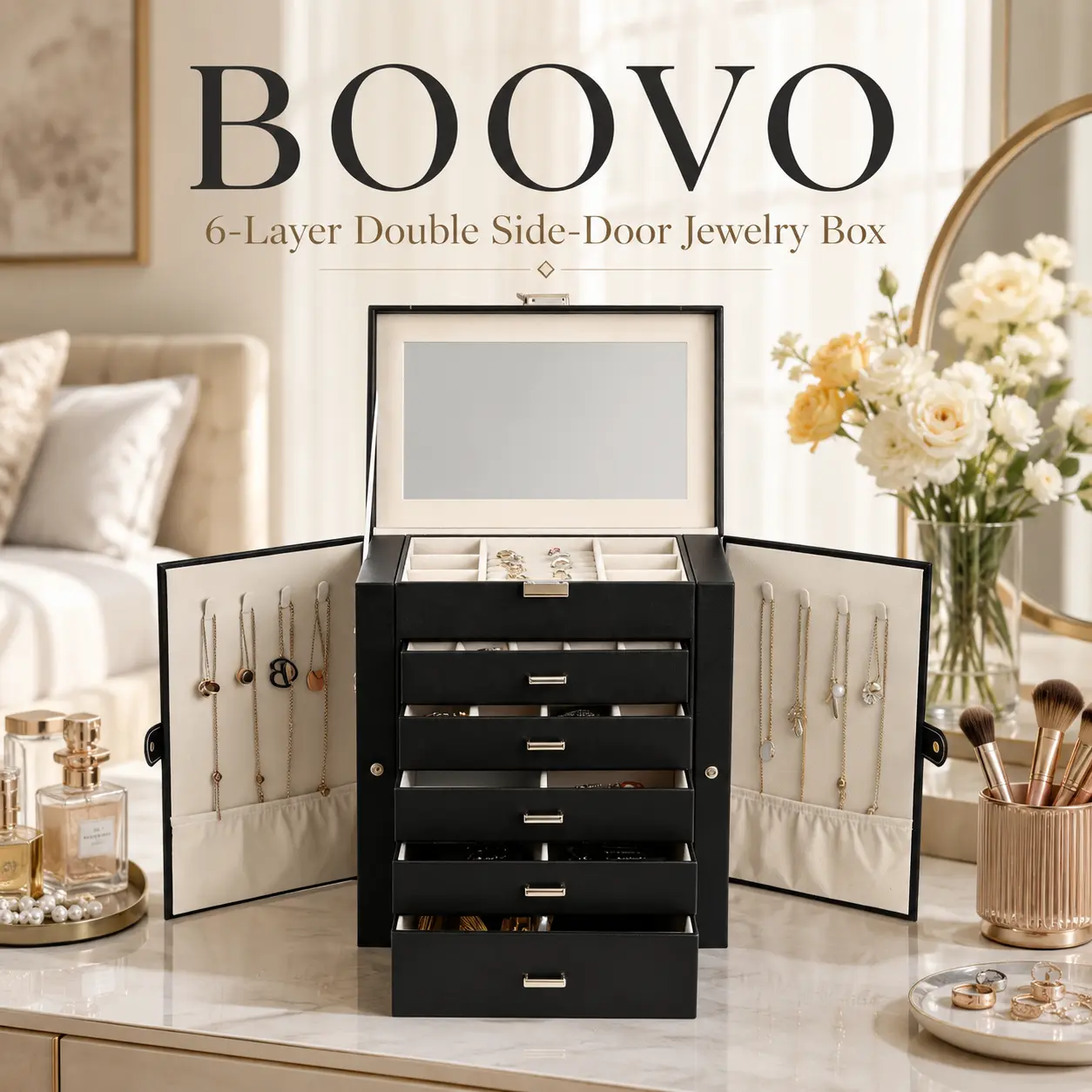 BOOVO（Black Gold）Modern 6-Layer Jewelry Organizer Box for Women - Large Jewelry Storage Box with Glass Lid & Mirror, PU Leather Jewelry Holder, Anti-Tarnish Velvet Lining for Necklaces, Rings & Earrings, Elegant Gift for Her