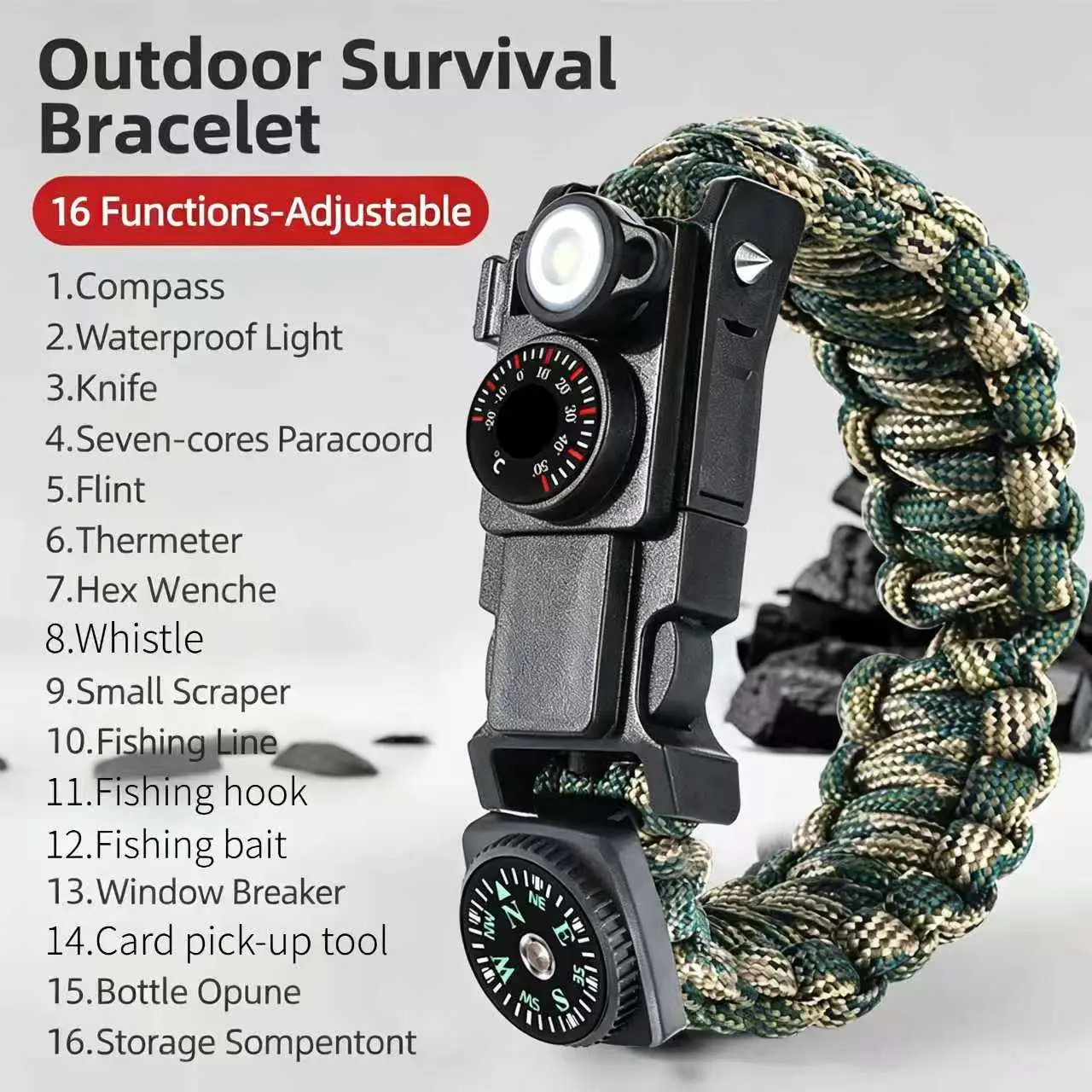 Tactical Parachute Cord Bracelet - 16-in-one emergency survival equipment, lightweight and reusable folding five-core rescue cord, fashionable accessory for outdoor camping and exploration