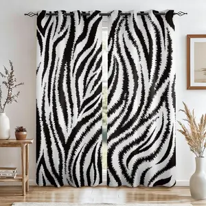 Hand-Drawn Black-White Zebra Print Blackout Curtain 2Pcs/Set, No-Hole Ring Design, Washable Fabric, Bedroom Living Room Office Heat Insulation, UV Protection, American Retro Minimalist Style Home Decor