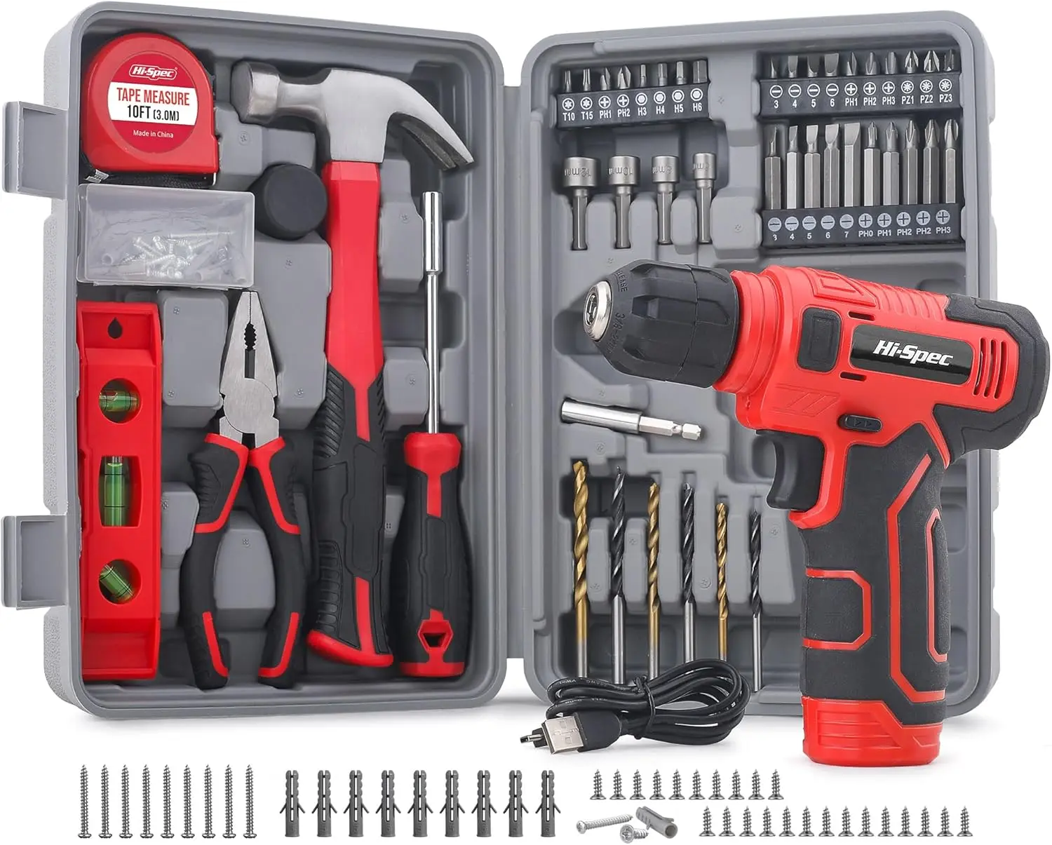 Hi-Spec 8V USB Power Drill Driver and Starters Home Tool Kit Set. Cordless & Rechargeable Electric Drill Driver and Compact Hand Toolbox Set, Red