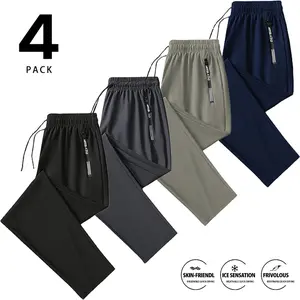 Men's 4-Pack Performance Joggers, Stretch Quick-Dry Sweatpants with Zippered Pockets, Skin-Friendly Lightweight Athletic Track Pants, Drawstring Elastic Waist, Slim-Fit Straight Leg Pants for Gym, Running, Daily Casual Wear