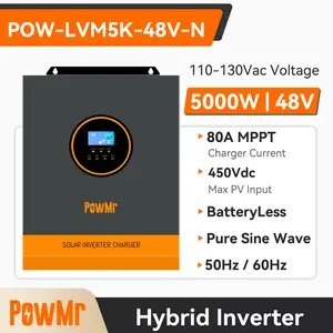 PowMr 5000W Solar Hybrid Inverter 48V to 110V/120V, Pure Sine Wave, Batteryless Support, Off Grid Power Inverter Built-in 80A MPPT Controller, Max.PV Input 5500W,500V,22A, Work with 48V Lead Acid and Lithium Batteries