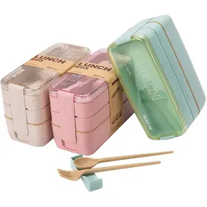 3 Pack Stackable Bento Box Adult Japanese Lunch Box Kit with Spoon & Fork, 3-In-1 Compartment Wheat Straw Meal Prep Containers