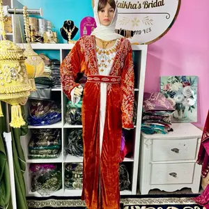 Muslim Luxury Crystal Velvet Abaya with Luxurious Belt, Inner Chiffon Dress & Stylish Chiffon Scarf, Elegant Design-Burnt Orange