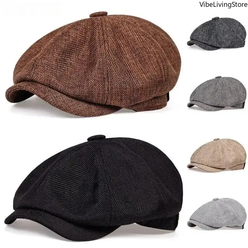 Men's Vintage Newsboy Hat, British Peaky Blinders Style Octagonal Flat Cap, Breathable All-Season Cloth Cabbie Hat, Hats