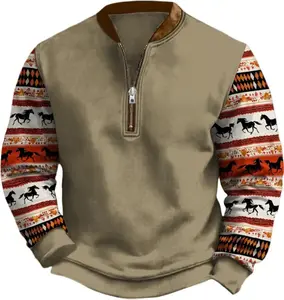 HOTYD Aztec Cowboy Jacket Men Vintage Bullhorn Printed Oversized Western Sweatshirt Long Sleeve Quarter Zip Pullover Cotton Polyester Fabric Warm Breathable Fall Winter