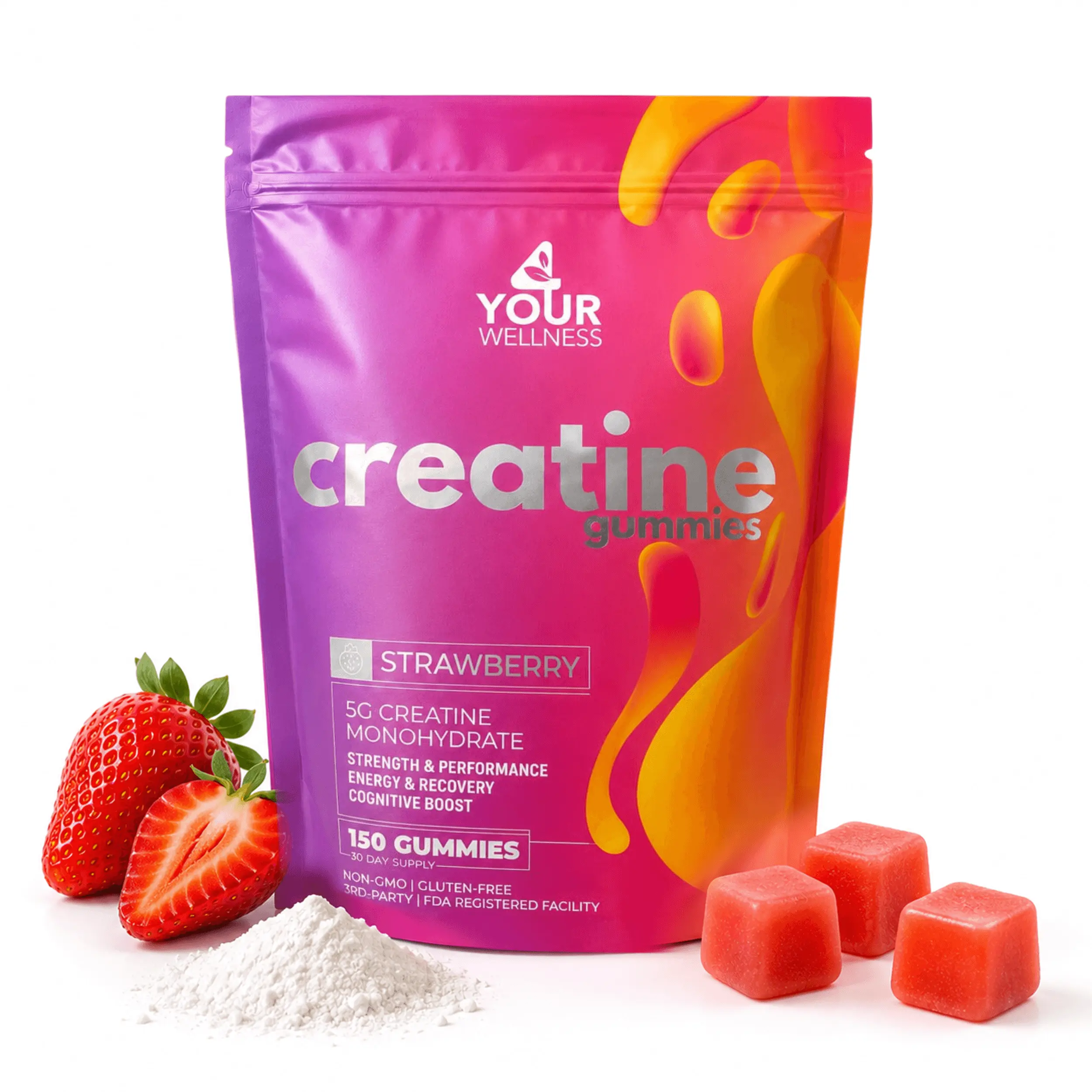 Chewable Creatine Gummies - Strawberry-Flavored, Edible, Gluten-Free, All-Natural Fitness Healthcare Supplement for Energy & Dietary Support