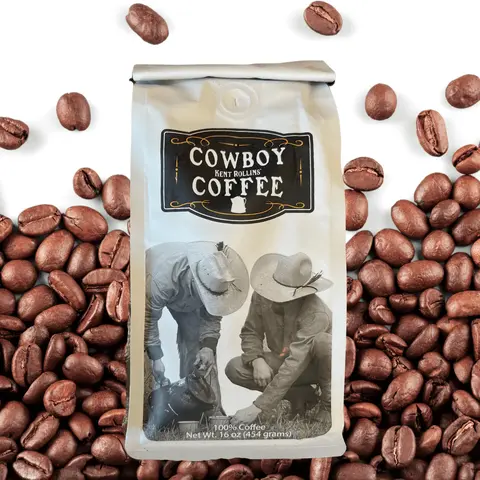 Kent Rollins Gourmet Coffee Whole Beans - 16 oz Medium Roast, 100% Bean Cowboy Coffee, Sugar Free, Caffeinated Rich Flavor Blend, 12 Months Cupboard-Storable, Vegetarian, Suitable for Americano & Espresso Drinks