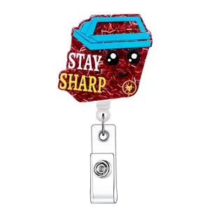 Stay Sharp Letter Pattern Retractable Badge Reel, 1 Count Cartoon Design Acrylic ID Holder with Clip, Badges & Supplies for Nurses Doctors Students Office Staff, Badge Reels Retractable, Retractable Badge Holders