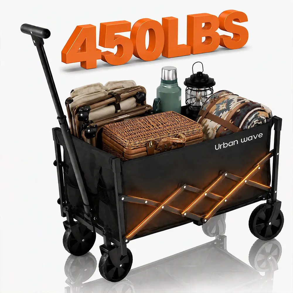 Collapsible All-Terrain Wagon Cart, 450 Lbs Capacity, Black Rust-Proof Steel Frame, Easy 1-Hand Fold for Outdoor Camping, Garden Use, Hunting Trips