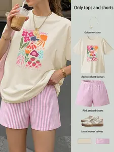 Casual Summer 2 Piece Set Women, Floral Print Oversized Top & Pink Striped Shorts, Boho Aesthetic Outfit for Vacation, Daily Wear, Coffee Date #springsaledeals2026 #summeroutfits #fyp #casualfashion
