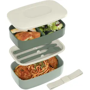 Classic - Adult Bento Box, Stackable 3-Compartment Lunch Box with Removable Utensil Set and Sealing Strap, BPA-Free, Food Container Ideal for Meal Prep, Work, and On the Go (Khaki Green)