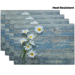 4pcs Daisy Floral Placemats 12x18 Inch 4pcs Wooden Board Summer Farmhouse Rustic Decorative Heat Resistant Fabric Place Mat Set for Kitchen Dining Table Seasonal Decoration
