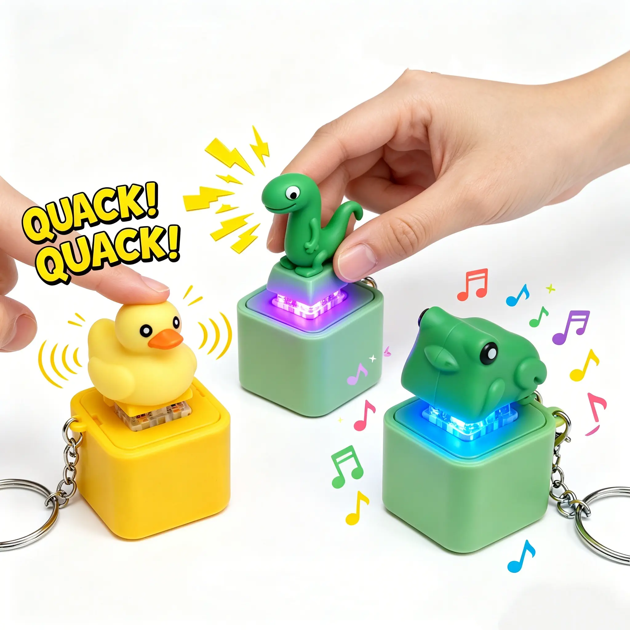 3-Pack Animal Sound & Light Fidget Keychain Set, Duck Lizard Frog Clicker Stress Relief Toys, Novelty Gift For Kids Adults