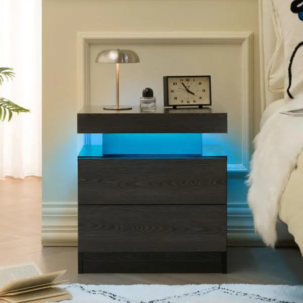 Black Wood LED Nightstand - Minimalist Neutral Rectangular Indoor Furniture Bedside Table with Sturdy Base, 2 Drawers for Gear, Storage Cabinet, Easy Setup, Black Wood Nightstand