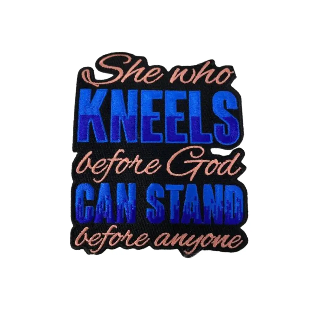Patch Party Club, 1-pc, "She Who Kneels..." Size 4" x 3.75" Iron-on Embroidered Patch; Cool Patch for Hats, Empowerment Patch, Great patch for Jackets