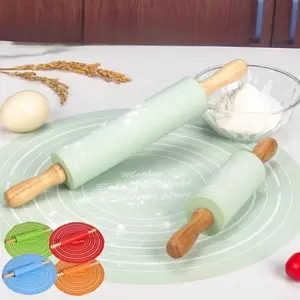 Silicone Baking Mat & Wooden Rolling Pin Set, Including 1 Count Rolling Pin & 1 Count Baking Mat, Kitchen Baking Supplies for Home Use, Kitchenware, Bakeware