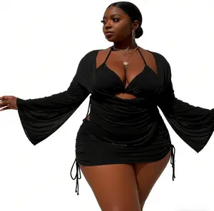 Curvy Girl Must-Have | Halter Bikini + Flare Sleeve Cover Up Dress  Beach Vacation Cover Up Dress