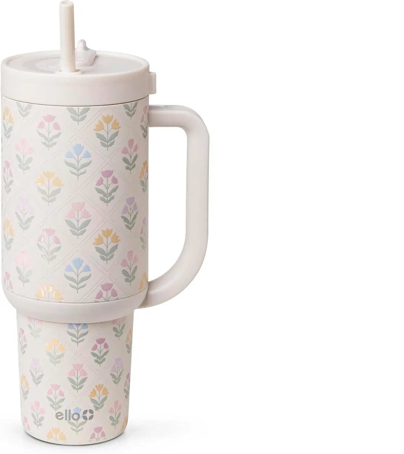Ello Oasis 40oz Insulated Stainless Steel Tumbler with Straw, Flower Quilt | Insulated stainless steel cup with handle, retracting straw, leakproof lid, keeps cold 24 hours, cupholder fit