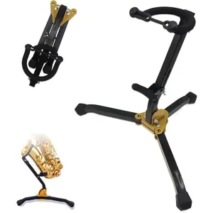 Folding Alto/Tenor Saxophone Stand, Adjustable Sax Holder with Portable Triangle Base Design, Sturdy Metal Construction & Chain Lock, Ideal for Music Rehearsals & Performances