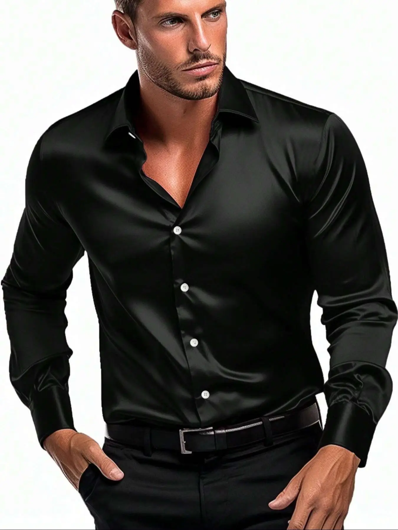 Men's Solid Button Front Shirt, Men's All-season Style Fashion Versatility Basic Slim Satin Luxury Long-sleeved Shirt, Men's Top for Spring & Fall