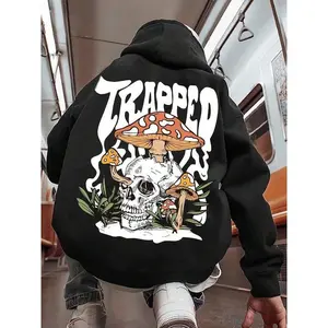 Men's Cartoon Mushroom & Skull Print Drop Shoulder Hoodie, Fashion Casual Regular Fit Drawstring Pocket Hooded Sweatshirt for Daily Holiday Outdoor Wear, Men Clothes for Fall & Winter
