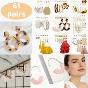 61 Pairs Women'S Elegant Vintage Dangle Earrings Set - Japanese Korean Style Hoops, Dangles & Statement Jewelry | Versatile Daily Wear, Travel, Date Nights & Mardi Gras | Year-Round Gift Collection for Women, Red and White Tassel Earring tiktokshopspringg
