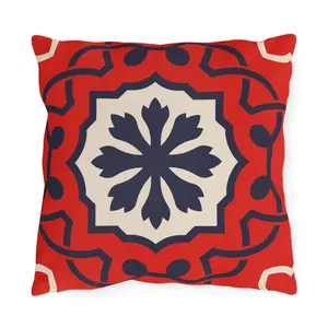 Red Mediterranean Tile Outdoor Pillow | Sunflower Geometric Pattern