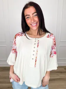 Women's Cream Soft Ribbed Rayon Blouse - Oversized Short Sleeve, Half-Button Front, Floral Accent, Feminine, Lightweight, Comfortable, Everyday Elegance Chic Top