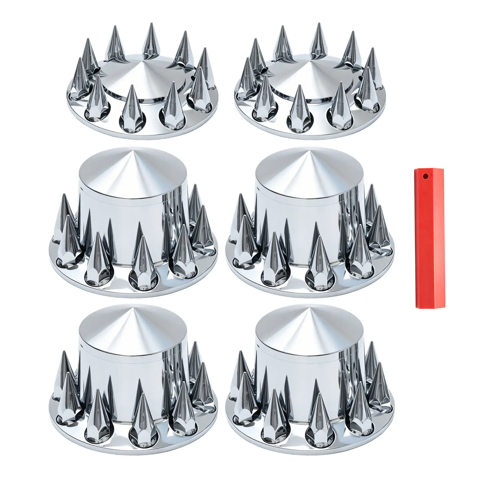 Aesthetic ABS Plastic Chrome Hub Cover Kit Set, 33mm Spiked Truck Wheel Axle Parts, 2 Front & 4 Rear Trim Accessories for Semi Trucks