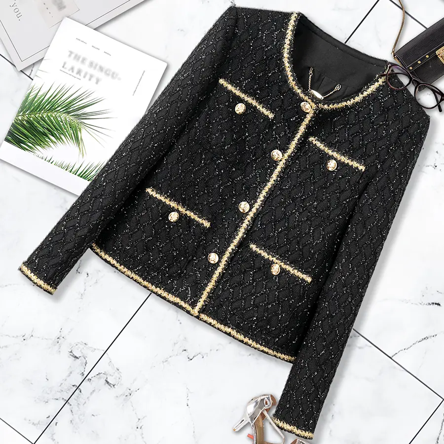DUSHE Lady's Casual Long Sleeve Fitted Coat in Diamond Pattern Tweed with Gold-Trimmed Round Neck, Coats, Outerwear