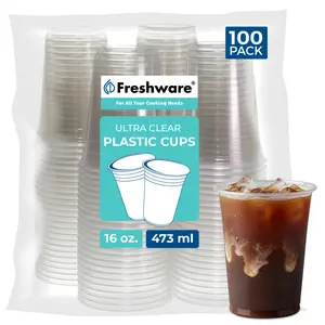 Freshware 16 oz Clear Plastic Cups (100 Pack) – Heavy Duty, BPA-Free Disposable Cups for Iced Coffee, Smoothies & Cold Drinks