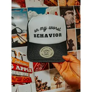 Worst Behavior Hat - Nashville Style Trucker Hat with Humorous Quote 100% Nylon Mesh Casual Design for Bachelorettes and Girls Night Out Statement Cap