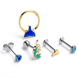 16G 3/8 5/16 Blue Gem Nautical Labret BCR Cartilage Curation Set of 5