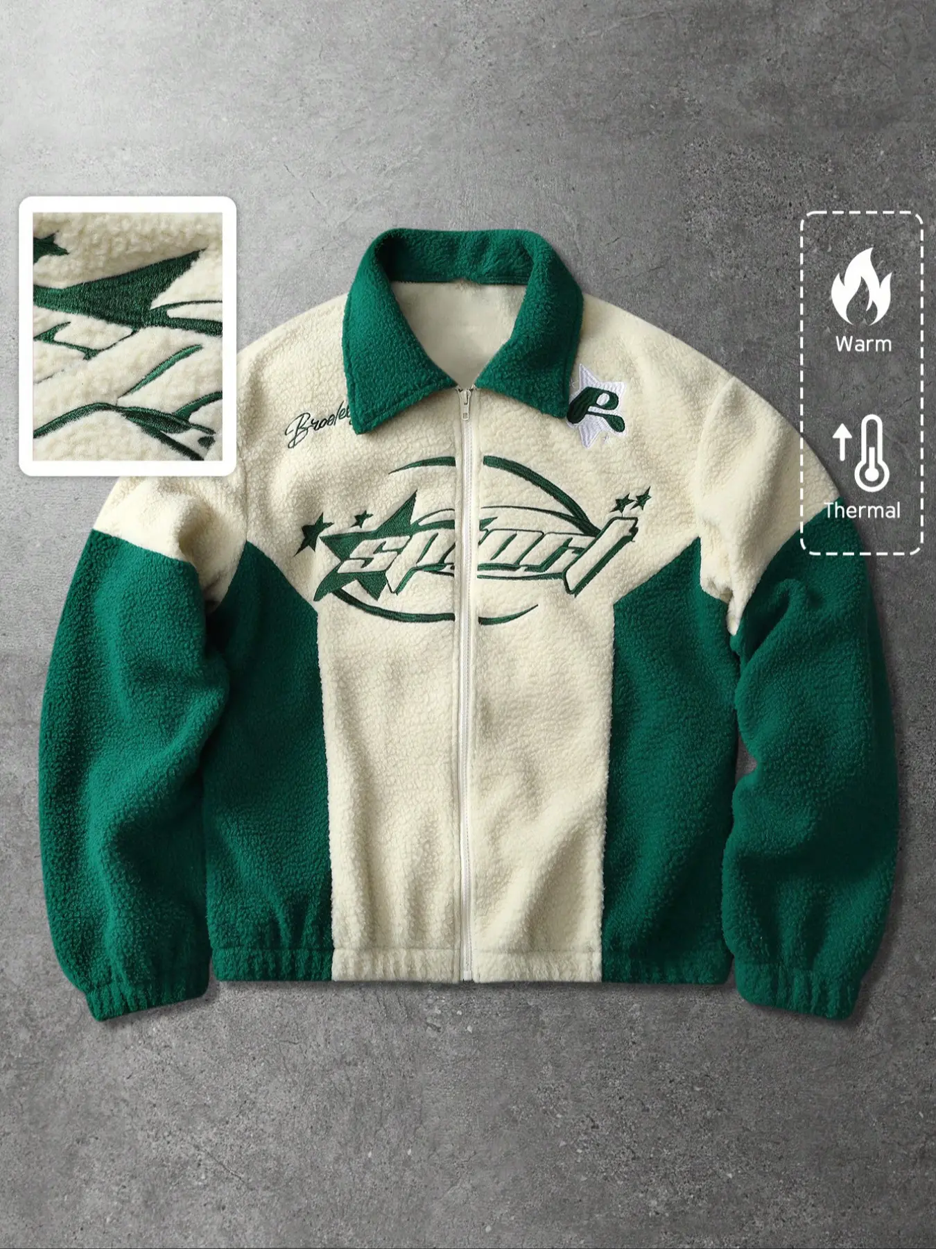 Men's Colorblock Fleece Jacket, &, Sport Geometric Pattern with Star Decor, Embroidered Print Details, Warm Fleece Fabric, Vintage Sports Style
