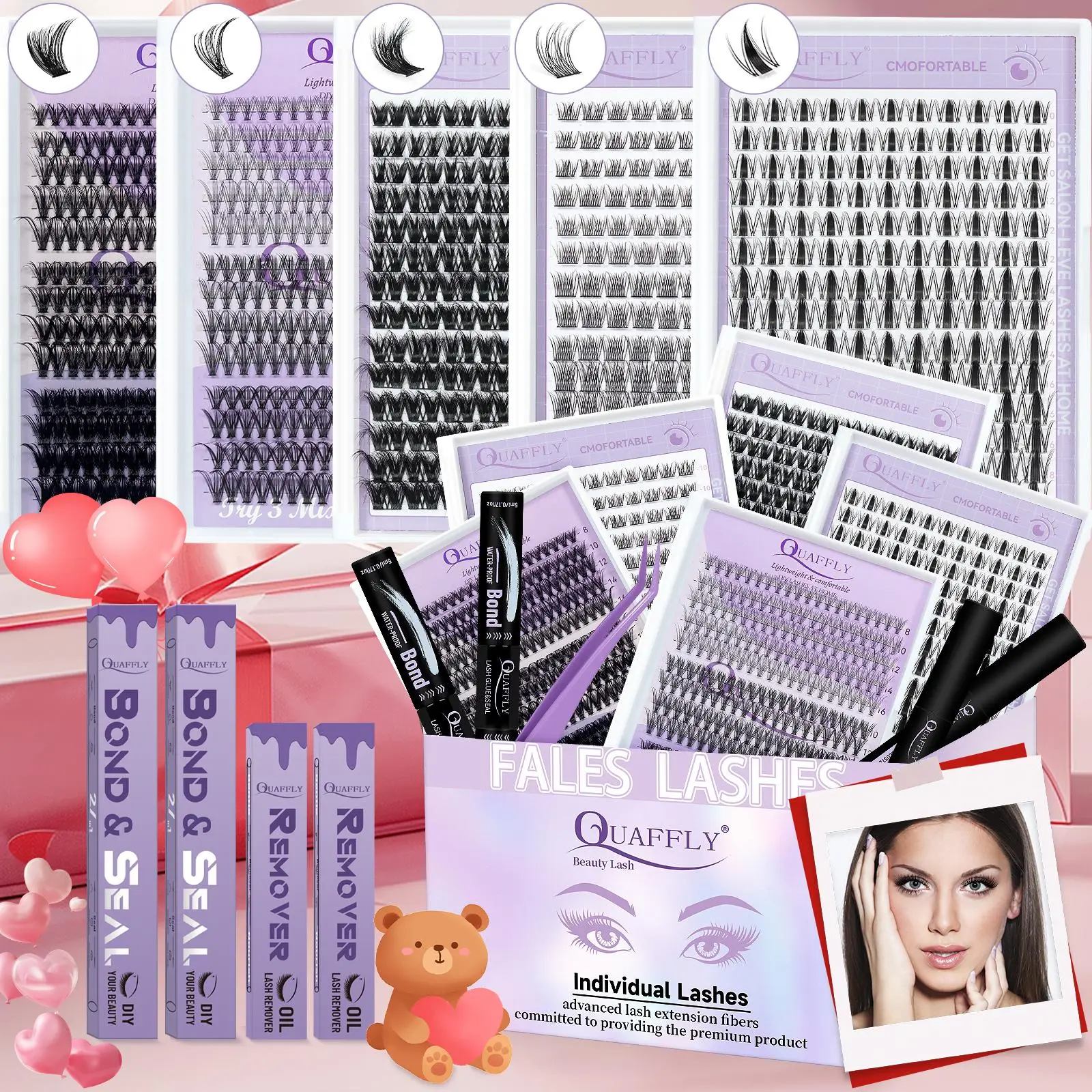 Mixed Length False Eyelashes with Bond & Seal & Remover & Tweezers, 1 Box Natural Look Eyelash Extensions, Cluster Lashes, Self Grafting Curl Eyelashe
