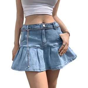 UANEO Womens Casual Slim A-line Pleated Ruffle Short Mini Denim Skirts Bottom Womenswear  skirt skirts