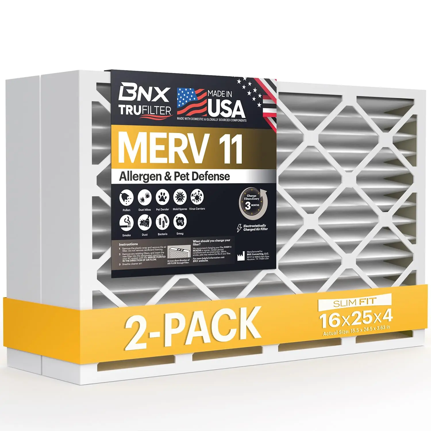 BNX TruFilter 16x25x4 MERV 11 Replacement Air Filter (2-Pack) - MADE IN USA - Electrostatic Pleated HVAC AC Furnace Filter for Allergies, Dust, Pet Smoke - MPR 1200, FPR 7 Allergen Defense, Appliance