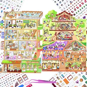 Mother's day Gift 2 Sets DIY 3D Fun Large Size House Scene Stickers with Tweezer Make Your Own Six Story Apartment Tree House Sticker Scenes Cute Animal Micro Stickers for Relief Stress Pass The Time