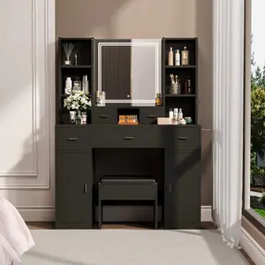 The Black dressing table with LED mirror is equipped with a hair dryer rack, and the dressing tables in the bedroom and dressing room are equipped with dressing stools -W1320P186715