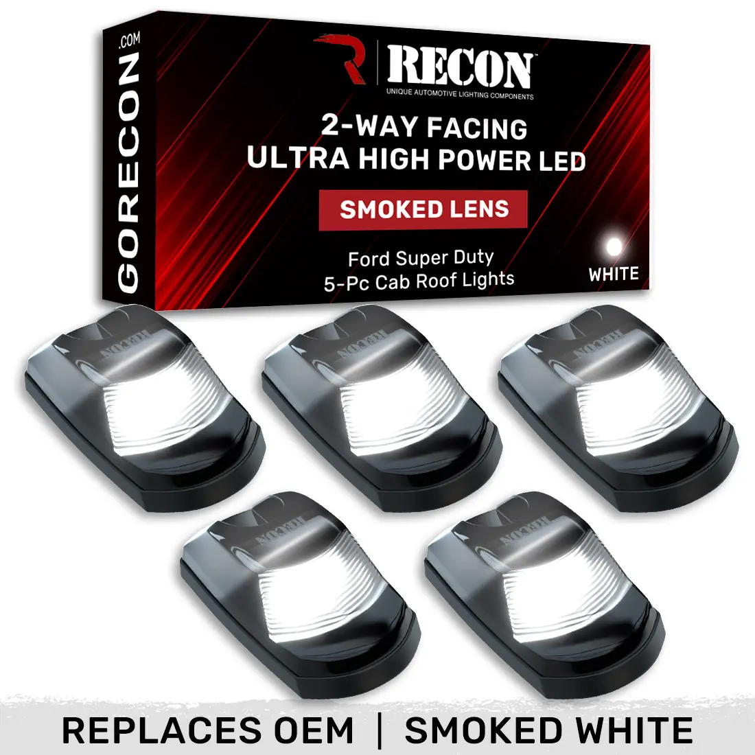 RECON Ford Super Duty (F250 F350 F450) 2017-2022 5-PC Cab Roof Light Set 2-Way Front & Rear Facing Ultra High-Power LEDs (Replaces Factory/OEM Cab Lights Only) - Multiple Options