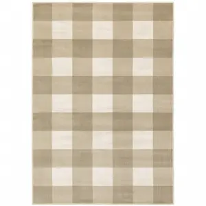 HomeRoots 5x7 ft. Beige & Ivory Checkered Geometric Power-Loom Stain-Resistant Rectangle Area Rug, Checkered Rug