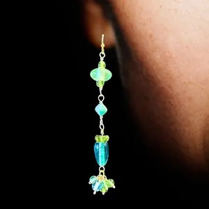 Jewelry Designs by Brandy Frazier Earrings Handmade wire wrapped Beaded drop dangle with gold plated findings   A unique combination of aqua, and light green and pale blue glass beads