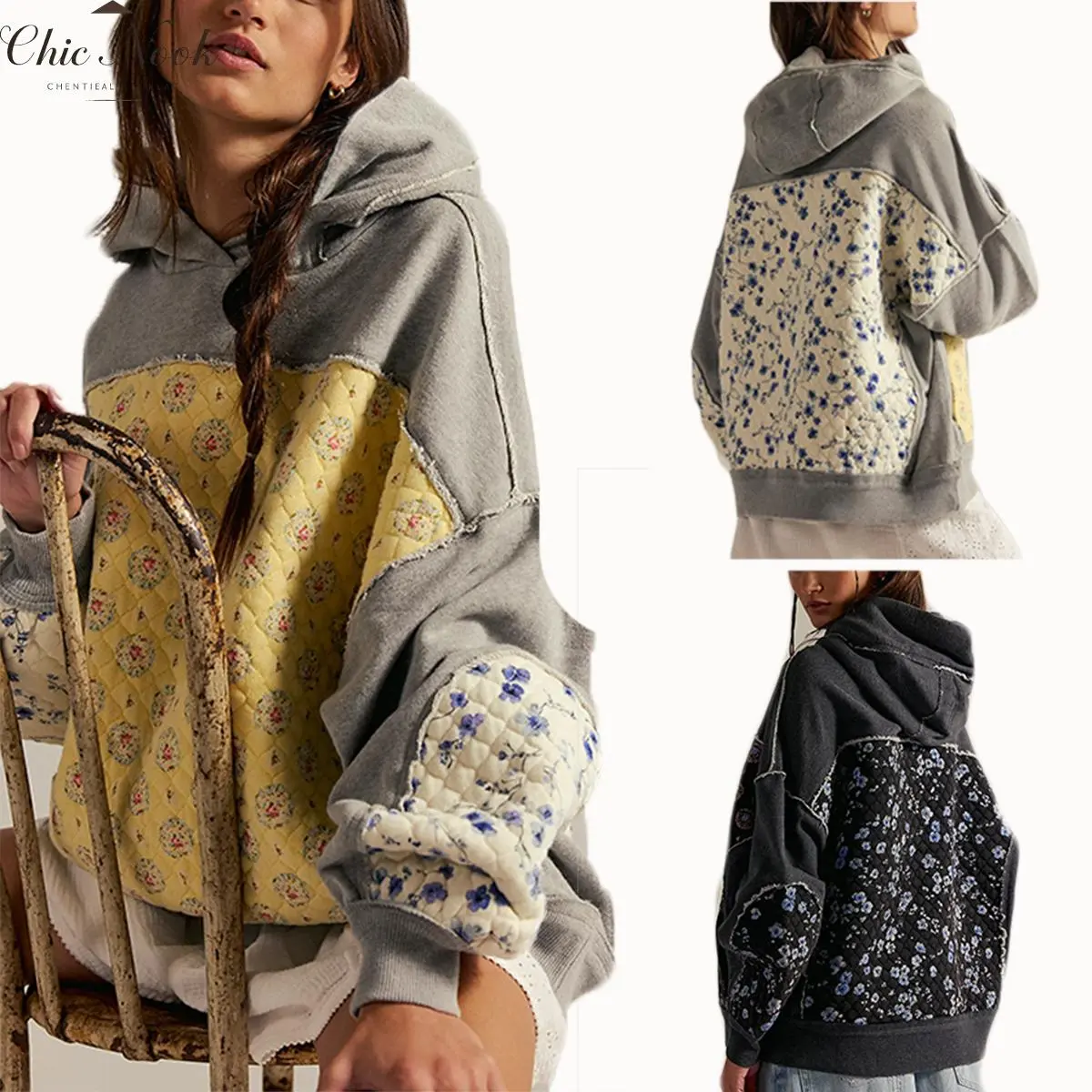 Women's Hooded Embroidery Patchwork Sweatshirt Pullover Comfortable Casual Long Sleeve Black Printed Top