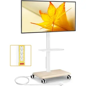 Rolling TV Stand with Power Outlet for 32-60 inch TVs, Swivel and Height Adjustable Mobile TV Stand with Shelf, Strong TV Cart on Wheels up to 88 lbs for Living Room, Bedroom and Office, White