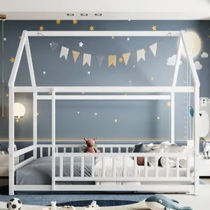 Full Size Floor Wooden Bed with House Roof Frame, Fence Guardrails,White