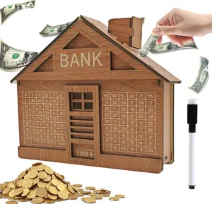 Cash Vault Wooden Savings Box,Reusable Cash Saver Box with Dry Erase Pen,Wooden Coin Money Bank for Kids Adults,Wooden Cash Saver Money Box with Counter